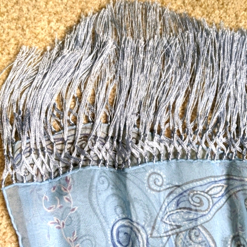 Baby Blue Paisley Neck Scarf with Fringe - Picture 3 of 7